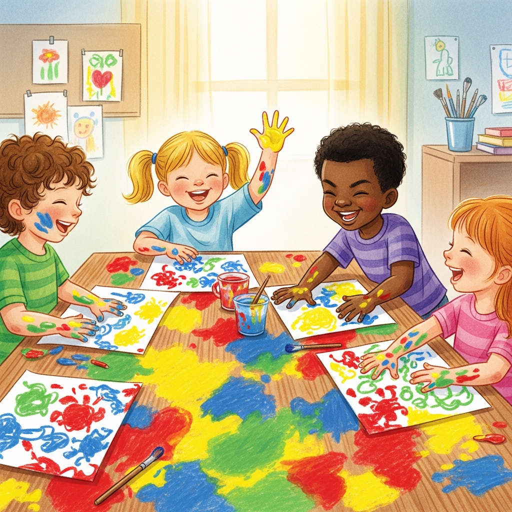 AI_IMAGE: Crayon-style illustration of children finger painting at a table covered in colorful paint splotches, laughing together, warm classroom light, storybook watercolor texture | illustration | square