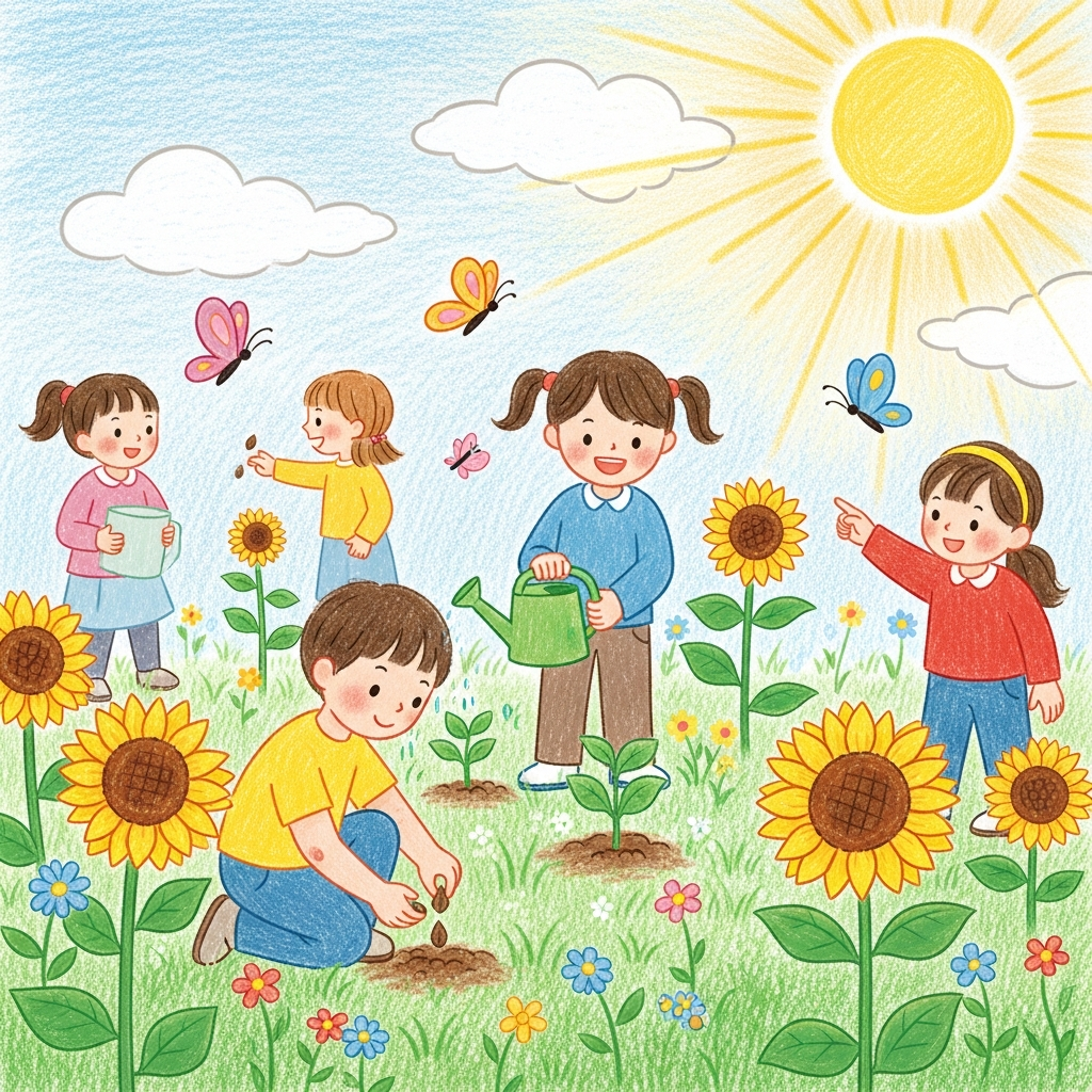 AI_IMAGE: Crayon-style illustration of children planting seeds in a sunny garden with small watering cans, butterflies, and sunflowers, warm pastel storybook aesthetic | illustration | square