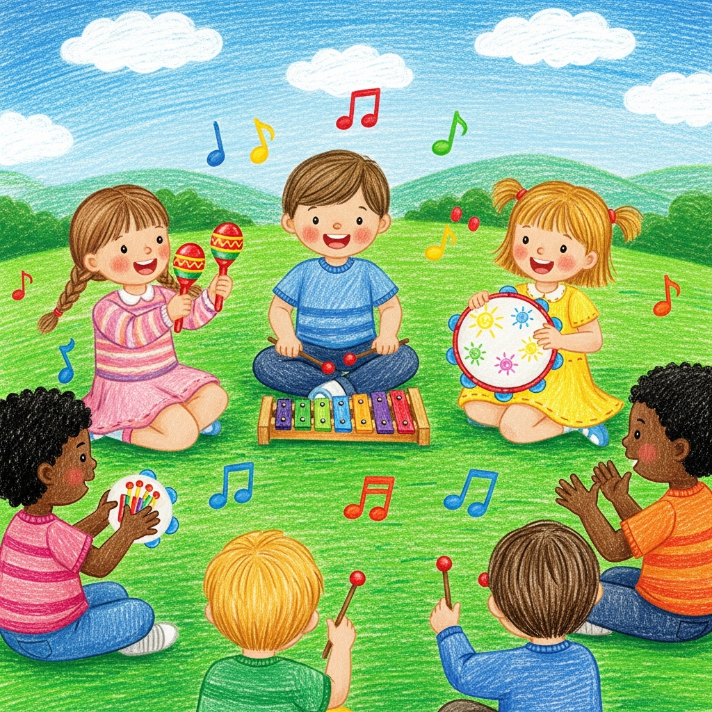 AI_IMAGE: Crayon-style illustration of children playing tambourines, xylophones, and maracas in a music circle, joyful expressions, colorful musical notes floating around, warm storybook aesthetic | illustration | square