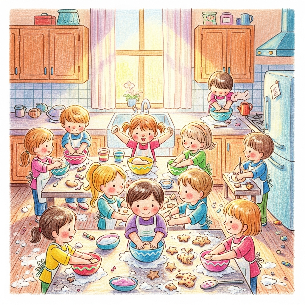AI_IMAGE: Crayon-style illustration of children in tiny aprons mixing dough and decorating cookies in a bright kitchen, flour dusted everywhere, warm pastel storybook aesthetic | illustration | square