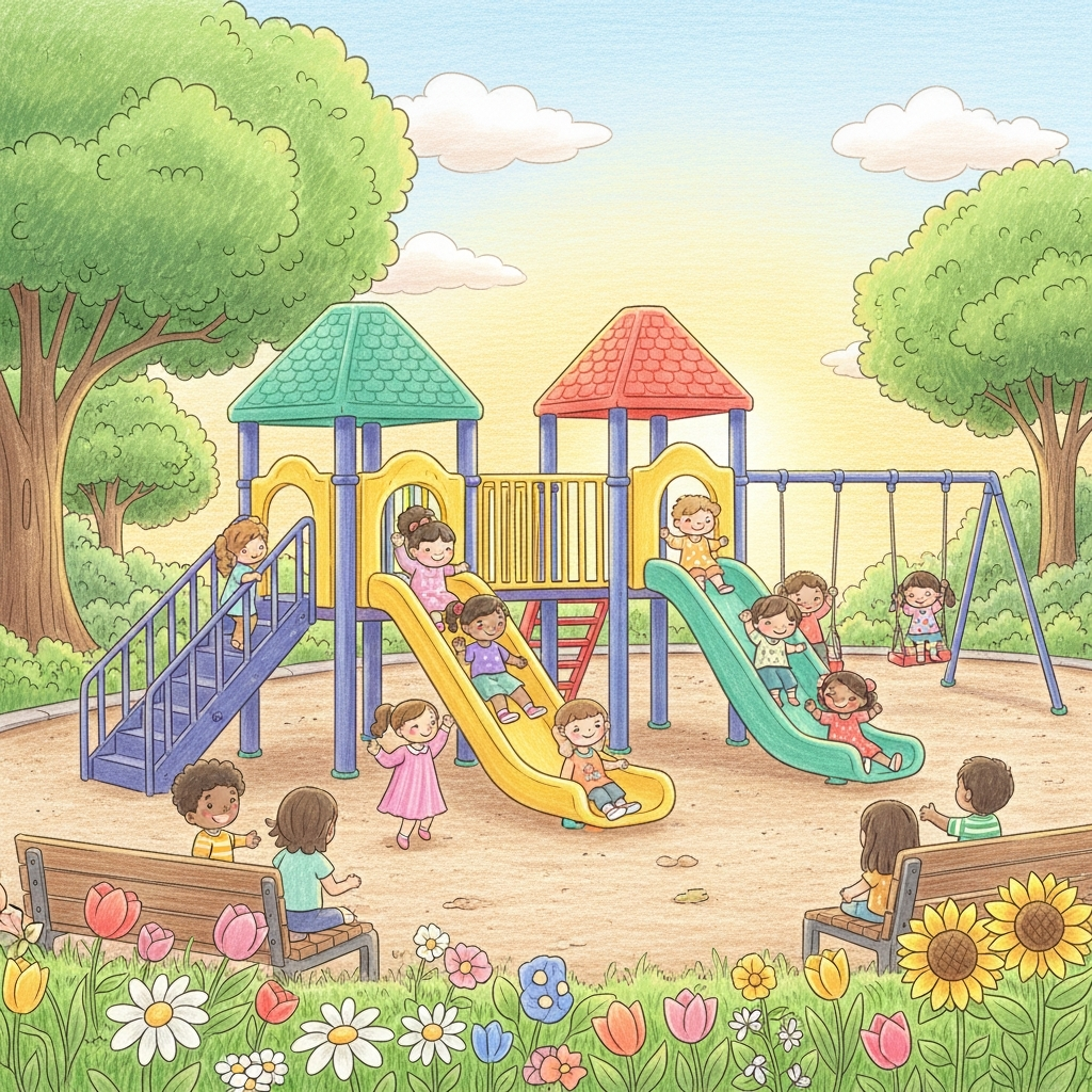 AI_IMAGE: Warm crayon-style illustration of children playing on a colorful playground with slides and swings surrounded by trees and flowers, joyful atmosphere, soft pastel storybook aesthetic | illustration | square