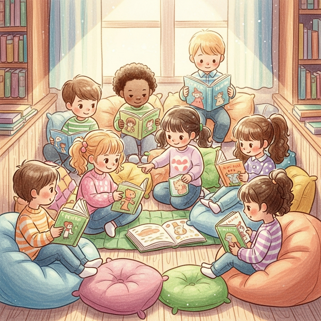 AI_IMAGE: Crayon-style illustration of children in a cozy library nook with floor cushions, reading picture books together, warm sunlight through a window, pastel storybook aesthetic | illustration | square