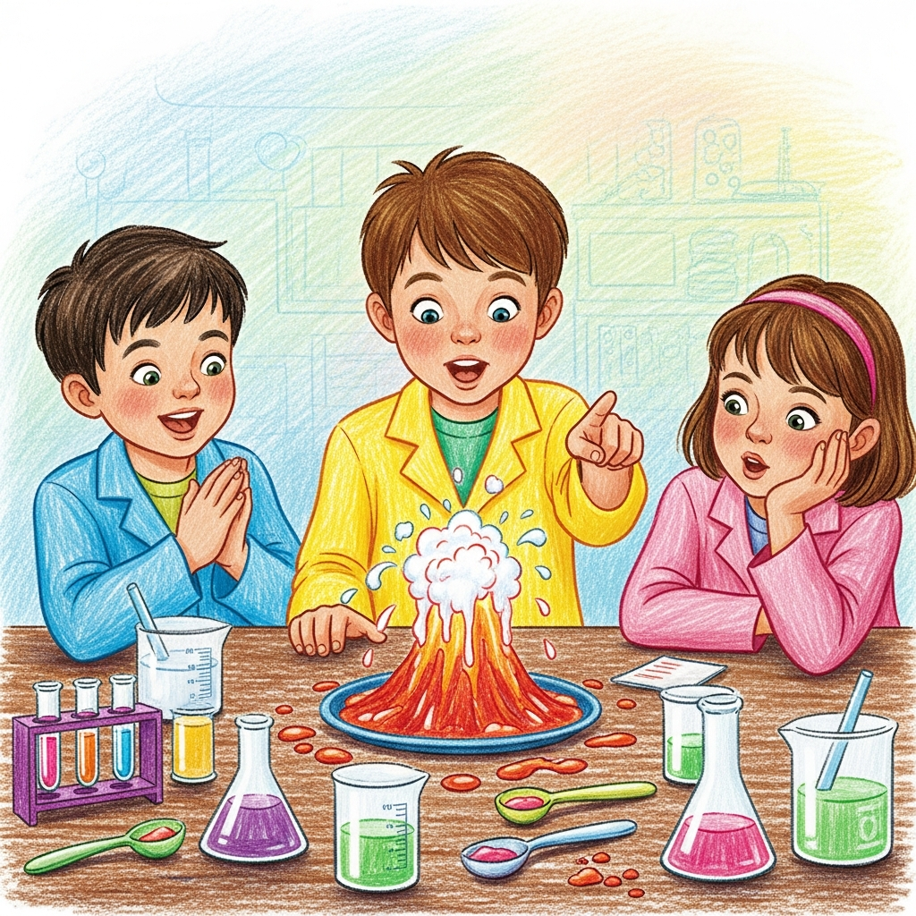 AI_IMAGE: Crayon-style illustration of children doing a simple science experiment with baking soda volcanoes, amazed expressions, colorful lab coats, warm storybook pastel aesthetic | illustration | square