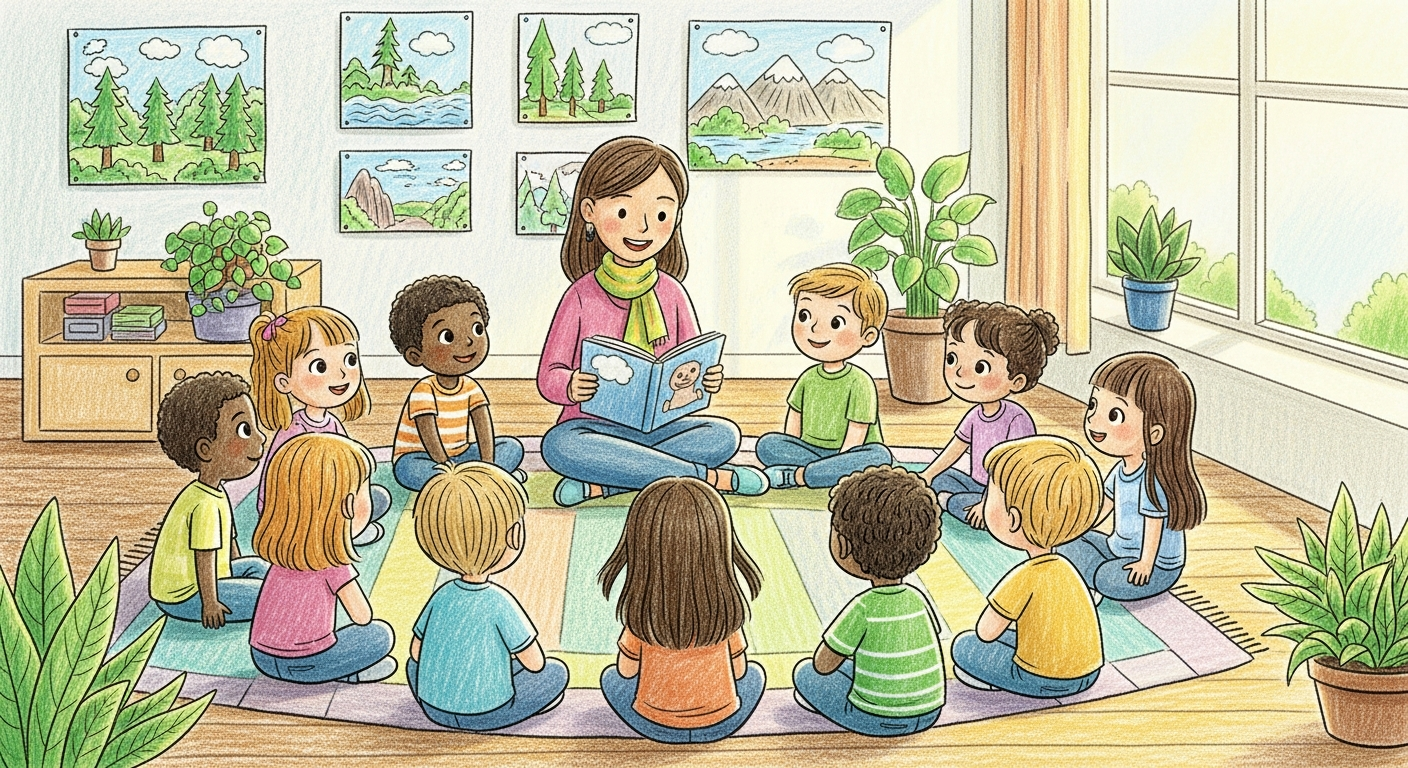 AI_IMAGE: Crayon-style illustration of kindergarten children sitting in a circle on a rug listening to a teacher reading a storybook, bright cheerful room with nature posters and plants, warm storybook aesthetic | illustration | landscape