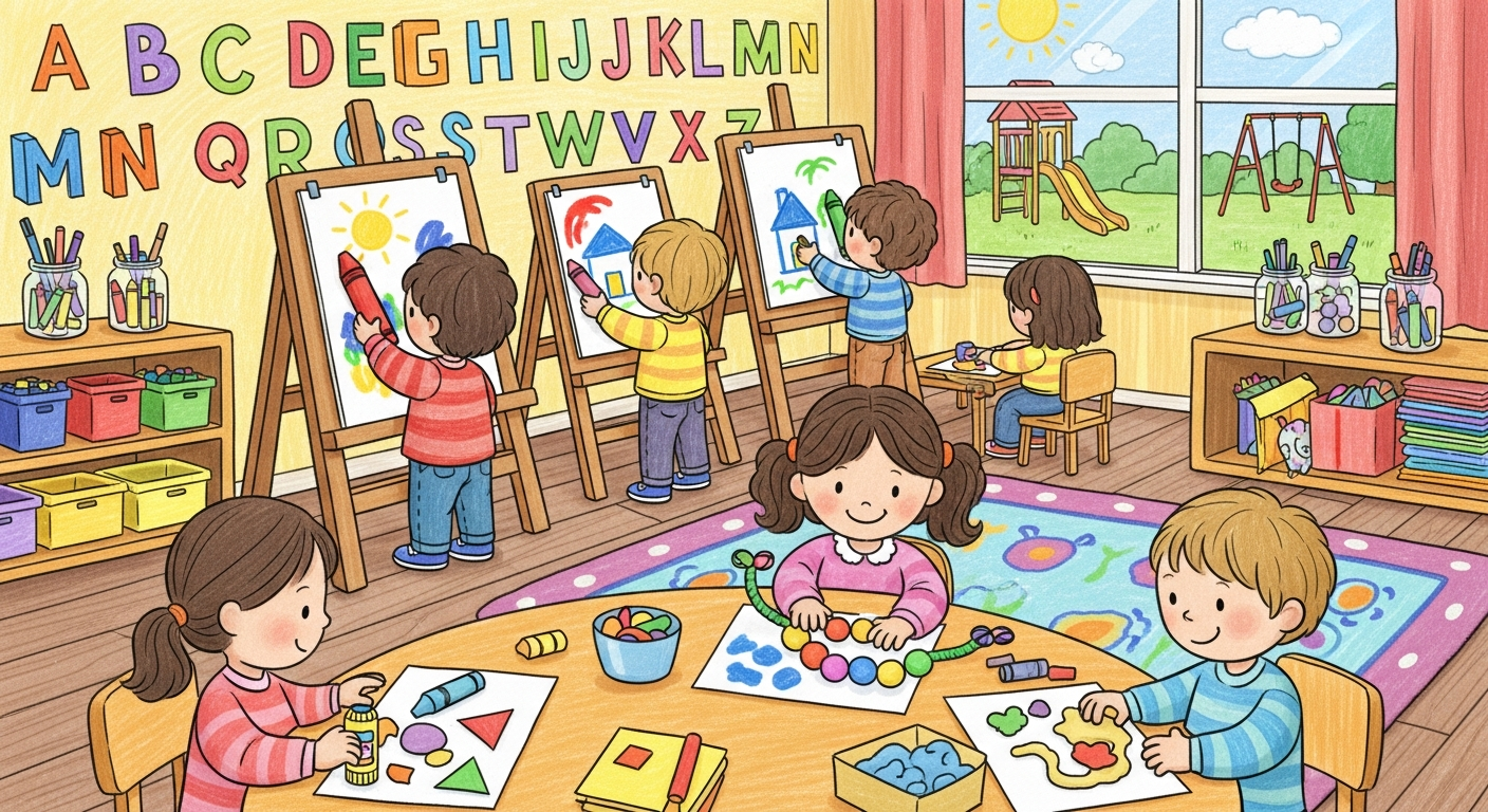 AI_IMAGE: Crayon-style illustration of preschool children painting at easels and doing crafts in a colorful classroom with alphabet letters on the wall, warm inviting atmosphere, storybook aesthetic | illustration | landscape