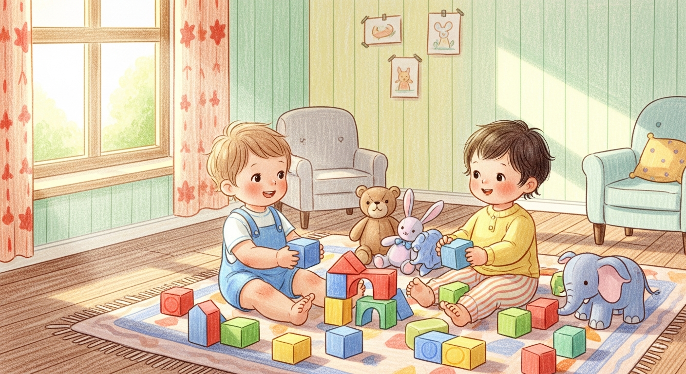 AI_IMAGE: Warm crayon-style illustration of happy toddlers playing with colorful building blocks and soft toys in a bright cozy room with sunlight streaming through windows, pastel colors, storybook aesthetic | illustration | landscape