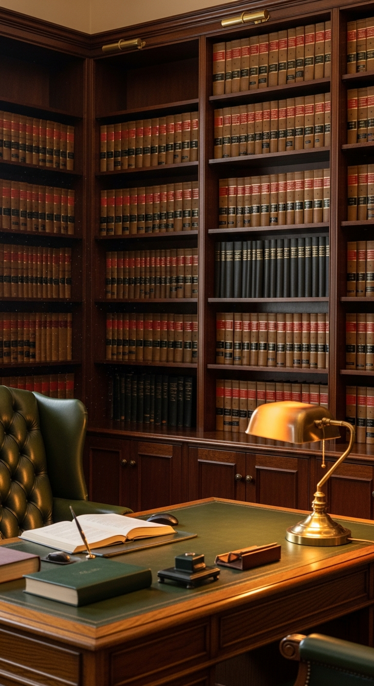 AI_IMAGE: Interior of a distinguished law firm private library with floor-to-ceiling dark mahogany bookshelves filled with leather-bound legal volumes, a heavy oak desk with a brass reading lamp casting warm amber light, deep green leather wingback chair, soft dust motes visible in a beam of window light, rich and intimate atmosphere conveying decades of legal tradition | photorealistic | portrait