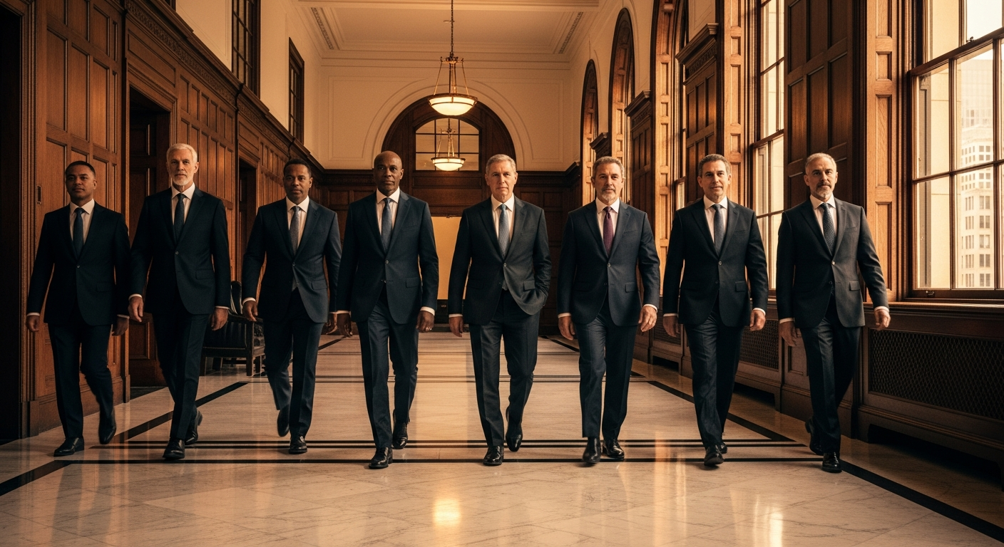 AI_IMAGE: A wide cinematic shot of senior attorneys in tailored dark suits walking confidently through a grand law firm corridor with polished marble floors, tall windows casting golden afternoon light, dark wood paneling on the walls, subtle motion blur conveying purpose and authority, warm tones of amber and deep brown | photorealistic | landscape