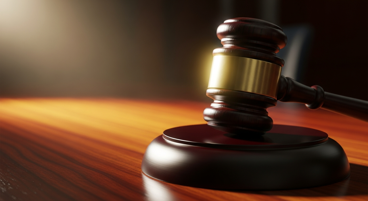 AI_IMAGE: A dramatic close-up of a dark wooden gavel resting on a polished mahogany judge bench with soft directional warm lighting from the left, shallow depth of field, the brass band on the gavel catching golden light, rich dark tones of walnut and amber | photorealistic | landscape