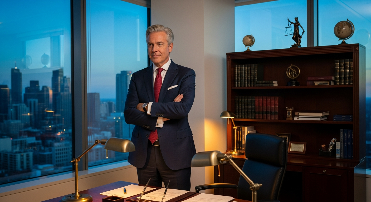 AI_IMAGE: A distinguished senior attorney in a dark navy suit standing confidently in a modern corner office with floor-to-ceiling windows overlooking a city skyline at dusk, warm interior lighting from desk lamps, bookshelves visible in the background, professional and authoritative atmosphere | photorealistic | landscape