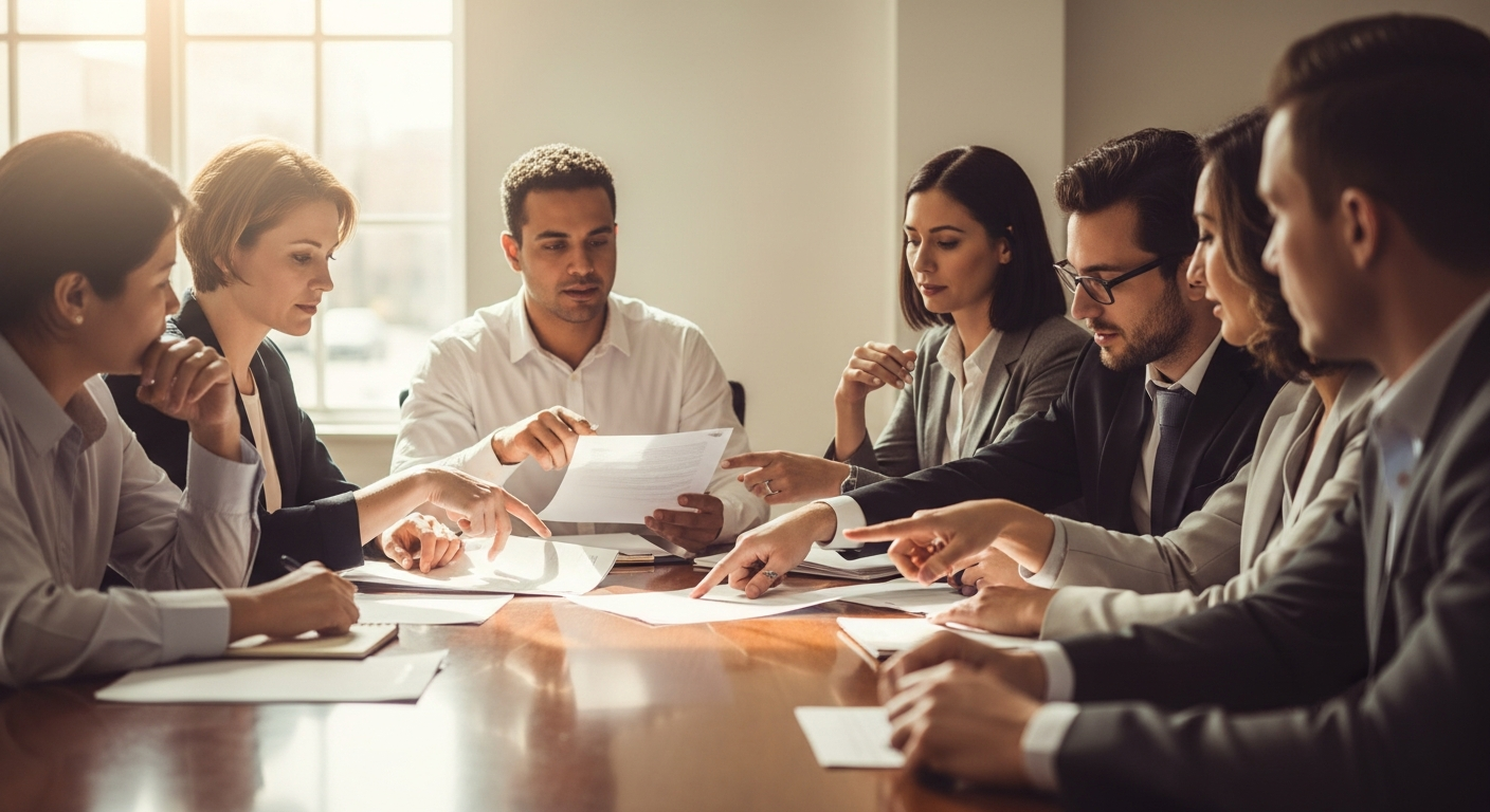 AI_IMAGE: A warm documentary-style photograph of diverse attorneys volunteering at a legal aid clinic, seated around a large conference table reviewing documents with community members, natural window light streaming in, compassionate and professional atmosphere, soft warm color grading | photorealistic | landscape